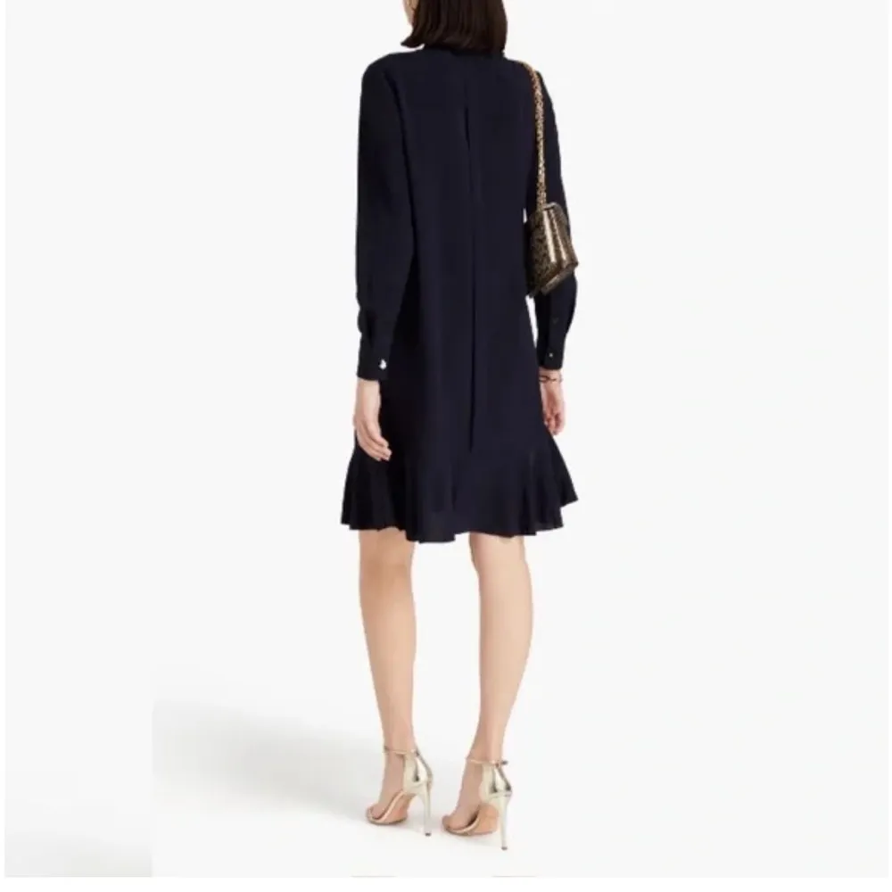 Jane Ruffled Crepe de Chine Shirtdress in Navy - Image 3