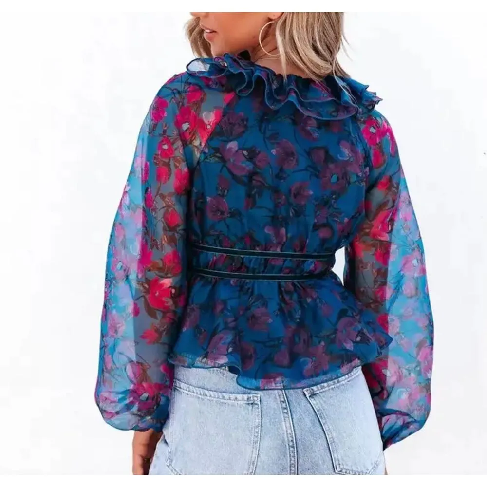 Vici Blue Purple Floral Tie Front Peplum Top - Image 3