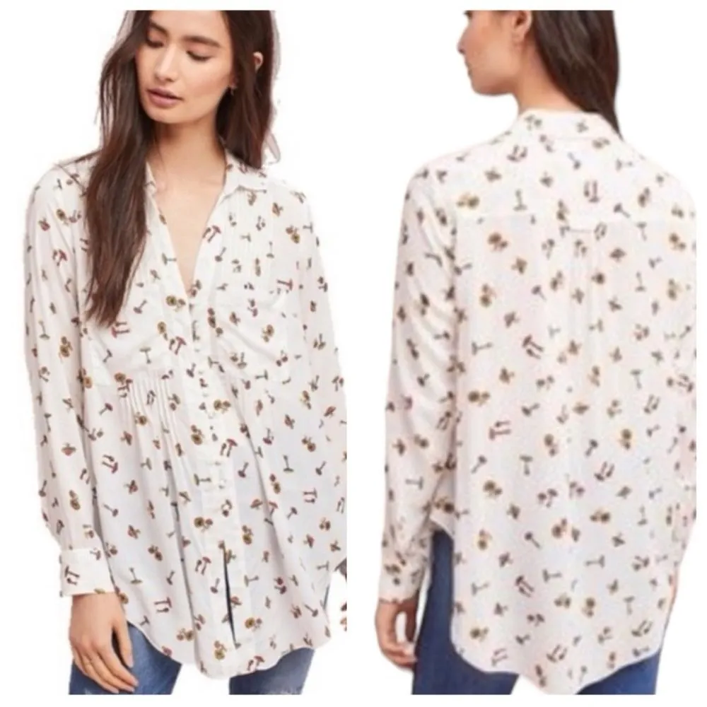 MAEVE Anthropologie White Shirt Mushroom Print Toggle Loop Closure Size XSmall - Image 10