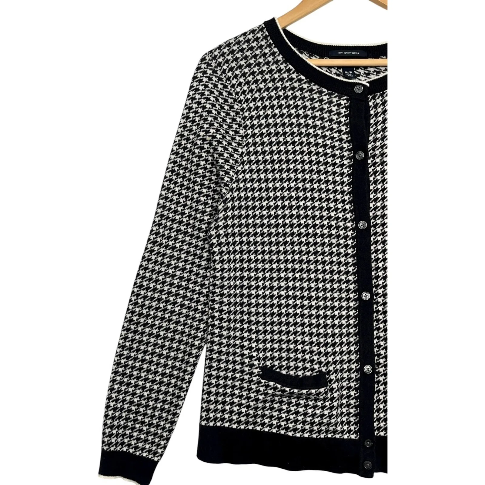 Lands End Cardigan Sweater Womens Medium Black White Houndstooth Preppy Classic - Image 6