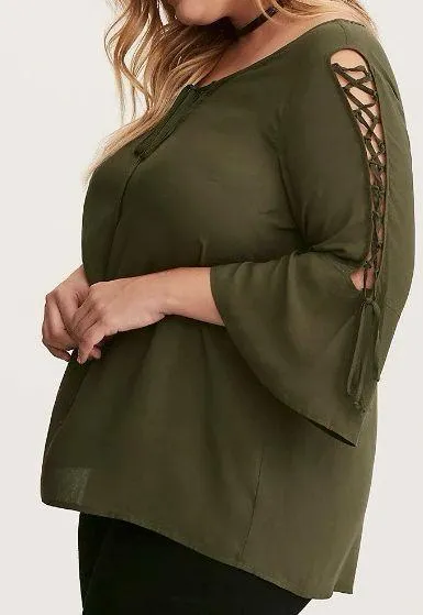 Olive Green Tie Front Ooen Lace-up Bell Sleeve Top - Image 2