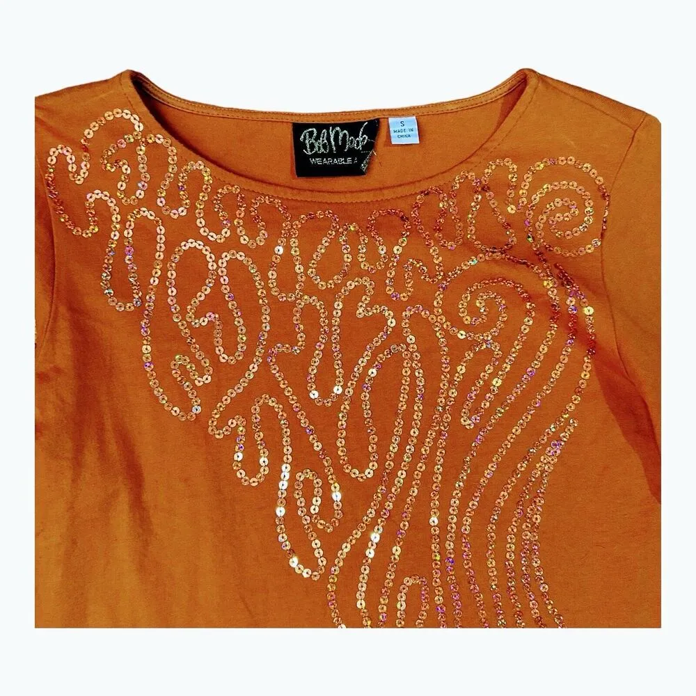 Bob Mackie Wearable Art Sequined T-Shirt Orange Quarter Sleeves Size Small - Image 5