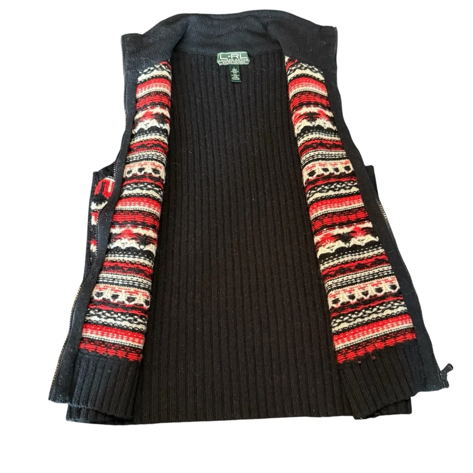 Lauren Ralph Lauren Fair Isle Knit‎ Vest Full Zip Women Size L Red Black White - Image 6