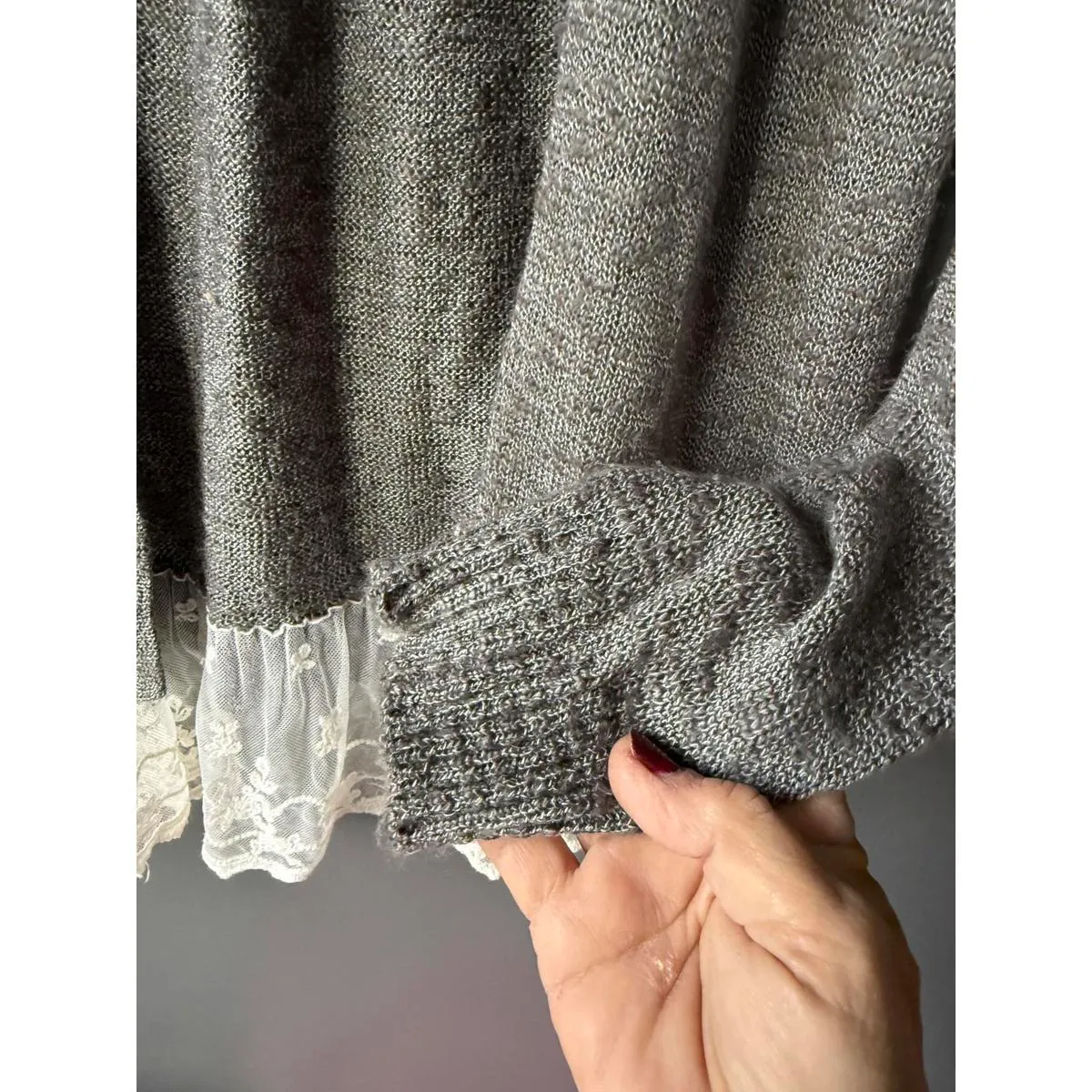 AB Studio Women's Gray Cardigan Sweater with Lace Trim, Size M - Image 7