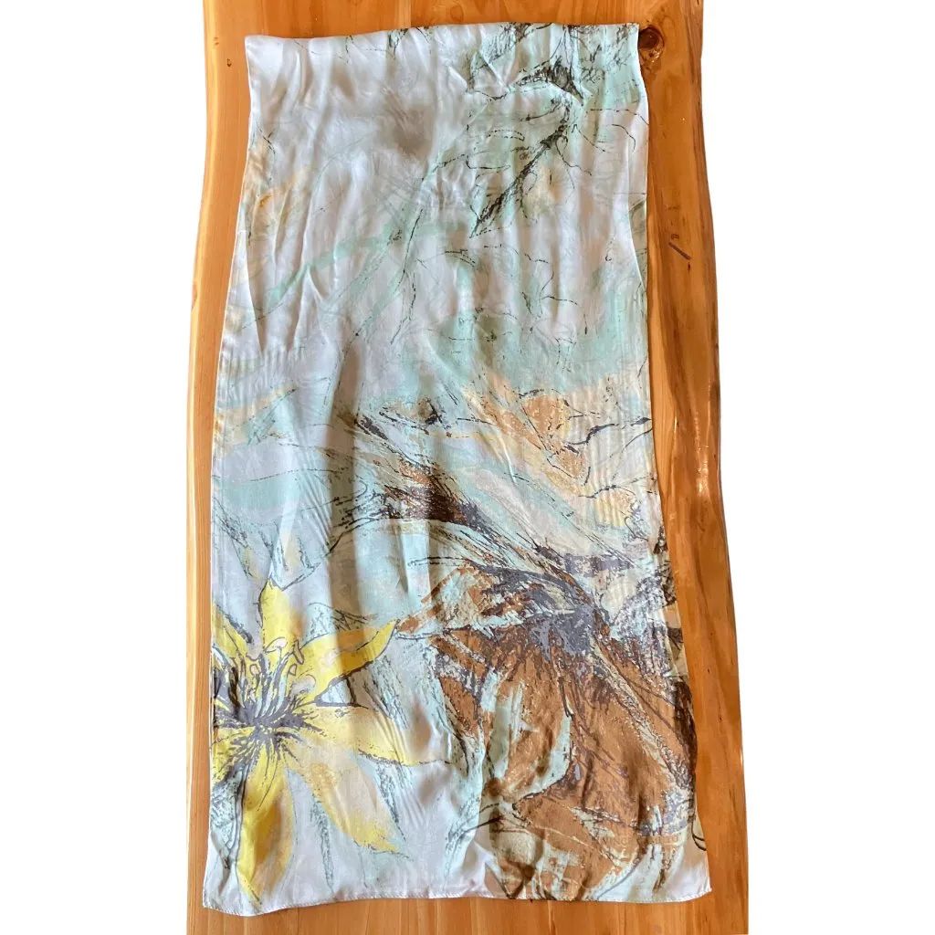 100% Silk Vince Camuto Seafoam Green Yellow Brown Floral Long Scarf Boho 18x72” - Image 7