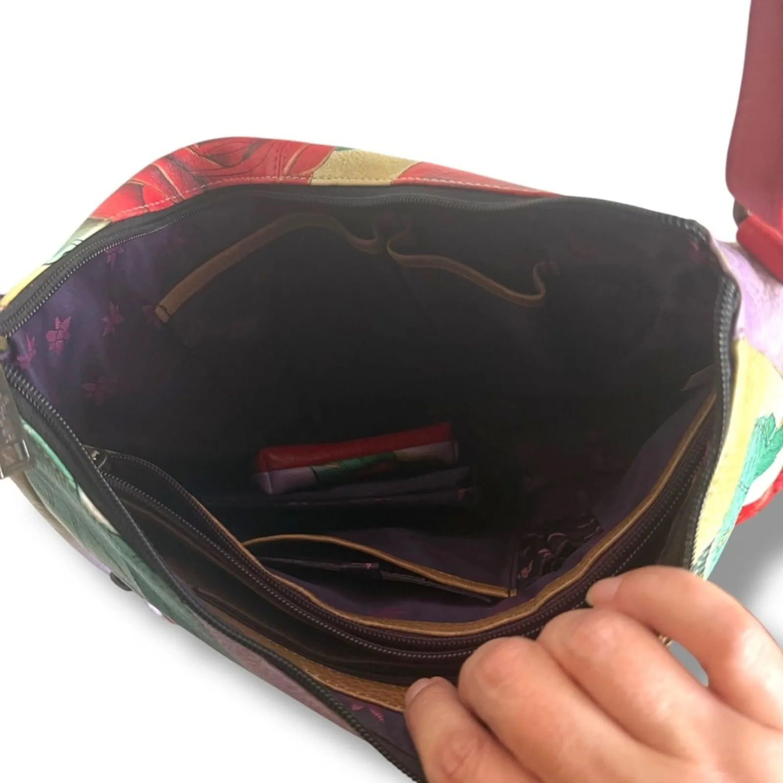 Anuschka Hand Painted Leather Hobo Fringed Roses Leather Wallet Purse Boho 8339 - Image 6