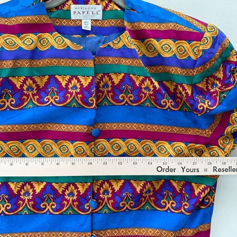 Adrianna Papell Silk Jacket Womens 12 Blazer Printed Colorful Baroque Vintage - Image 7