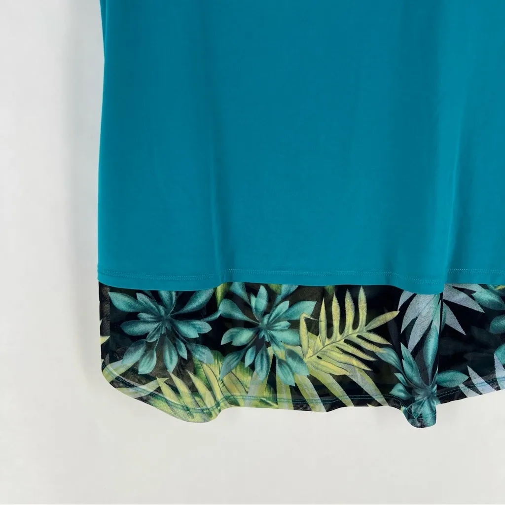 Antthony Teal Stretchy Liquid Knit Floral Leaf Print Mesh Sleeves Hem Tunic‎ Blue Size M - Image 4