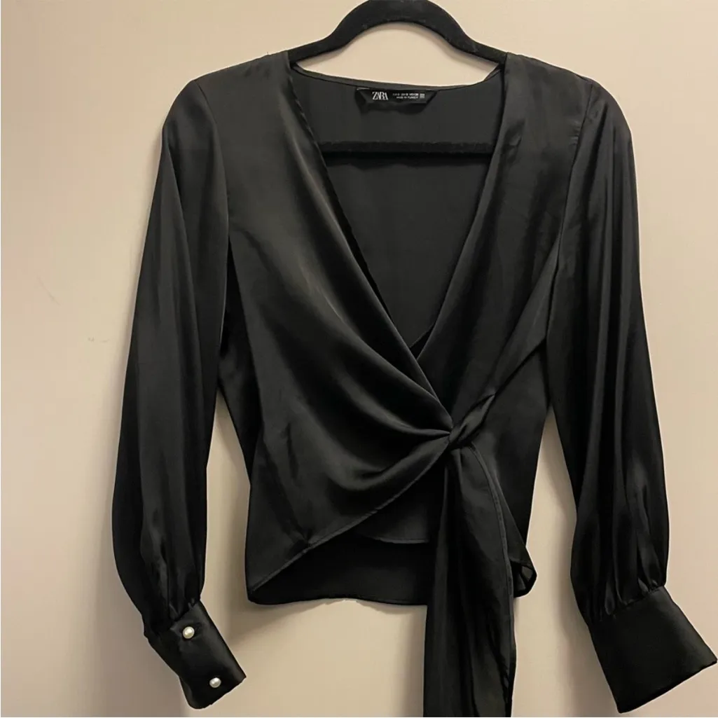 NEW NWT Zara Black Satin Silk Wrap Blouse Top Medium - Image 2