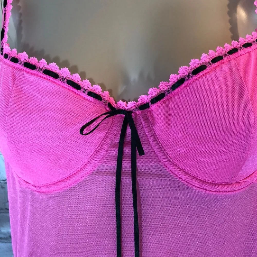 Victoria's Secret Pink Teddy Cami Black Lace Trim 36C Sexy - Image 3