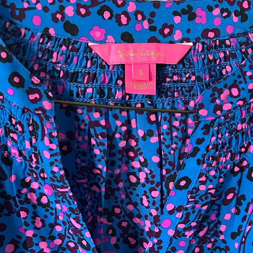 Lilly Pulitzer Elsa Silk Long Sleeve Top Blue Pink - Image 2
