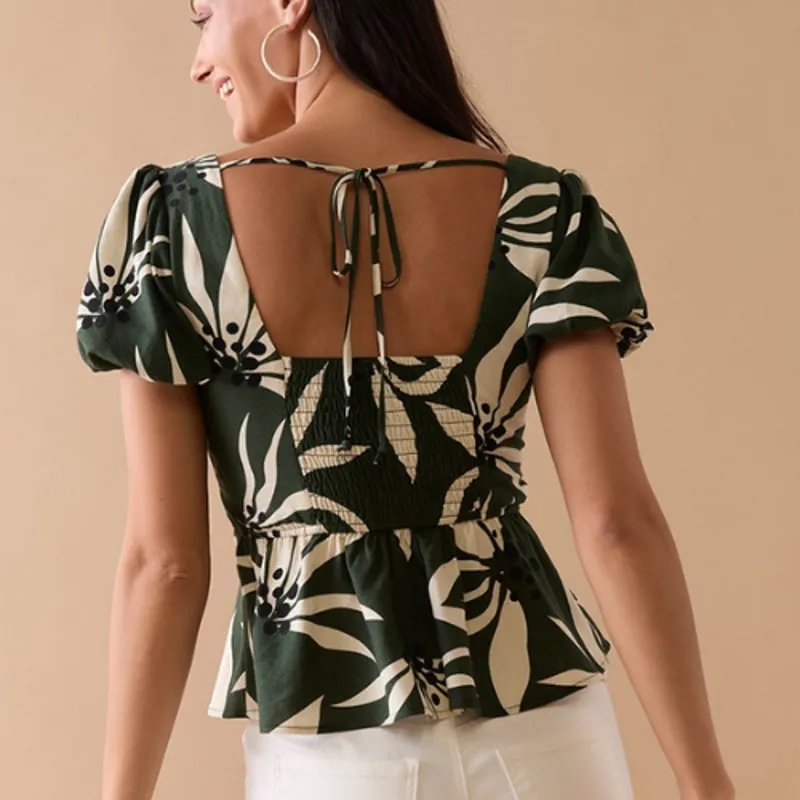 Francescas Mi Ami Nina Linen Blend Twist Front Tropical Floral Peplum‎ Blouse M Green Size M - Image 2
