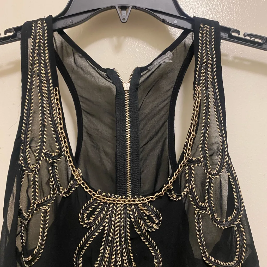Charlotte Russe Womens Sheer Black Tank Top S Gold Chain Neck & Embroidery - Image 3