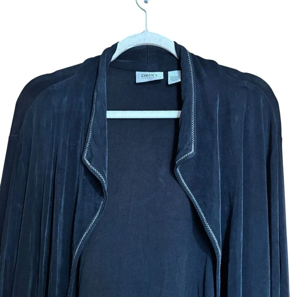 Chicos Travelers Cardigan XL Black Drape Waterfall Open Acetate Slinky Sweater - Image 2