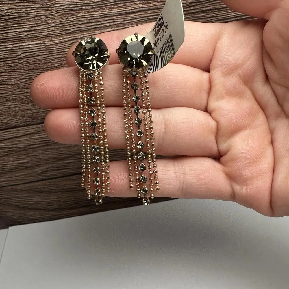 Cache Green Rhinestone Fringe Dangle Drop Pierced Earrings Gold Tone NWT - Image 3