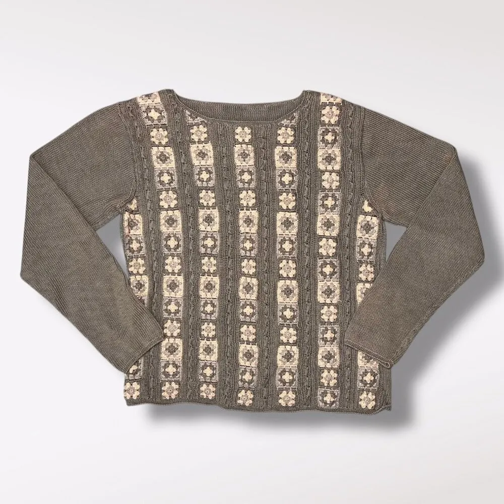 Vintage Olive Green Patterned Knit Sweater XS 90s - Image 8