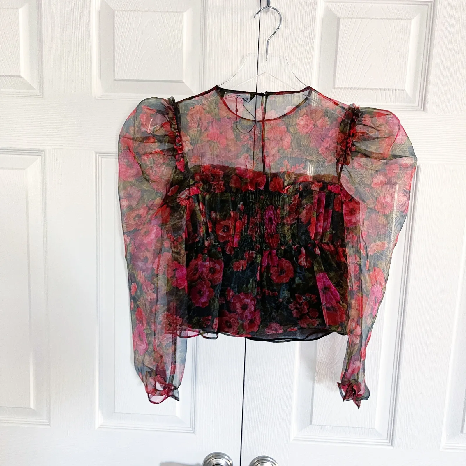 Zara Red Floral Organza Sheer Floral Frill Puff Sleeve Blouse * - Image 10