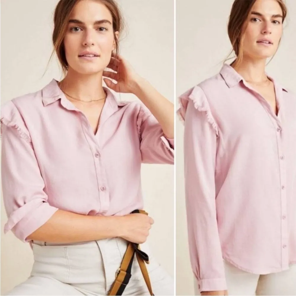 Cloth & Stone Anthropologie Pink Ruffled Chambray Button Down Shirt - Image 2