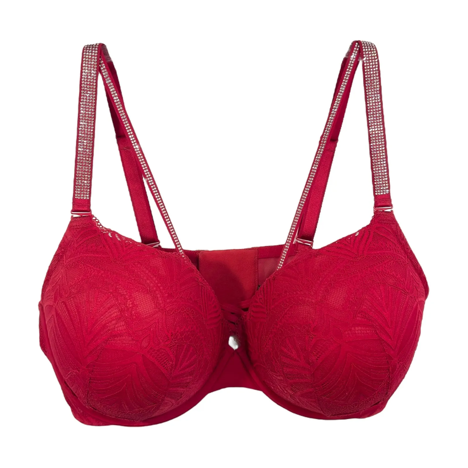 Torrid 42DDD Bra XO Plunge Push Up Diamante Red Lace Rhinestone‎ Plunge 393 - Image 4