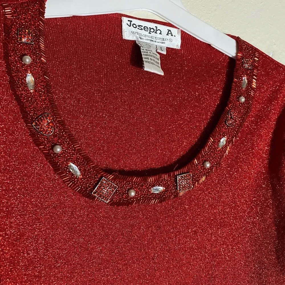 Vintage Joseph‎ A Red Beaded Metallic Sweater Size L - Image 6