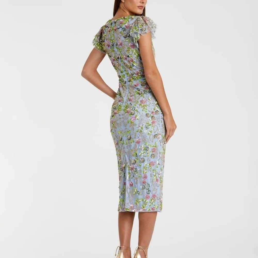 Mac Duggal 5722 Womens Blue FLORAL EMBELLISHED FLUTTER CAP SLEEVE DRESS - Image 7