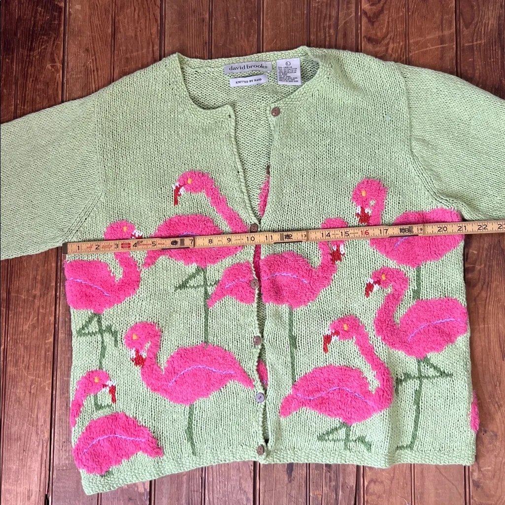 Vintage David Brooks Pink Flamingo green women’s linen cotton Cardigan size L Size L - Image 2