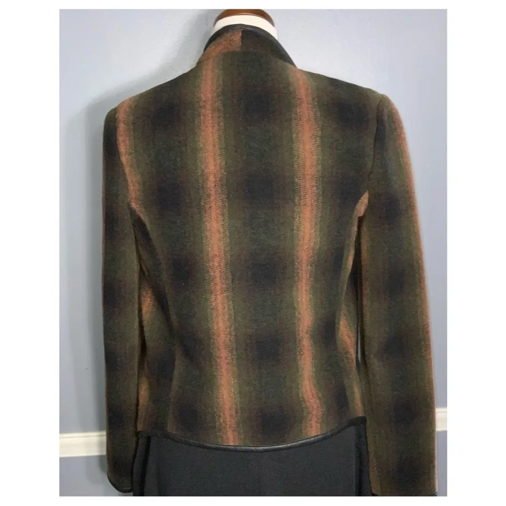 BB Dakota Brown & Orange Wool Blend Faux Leather Trim Open Front Cardigan Small - Image 3