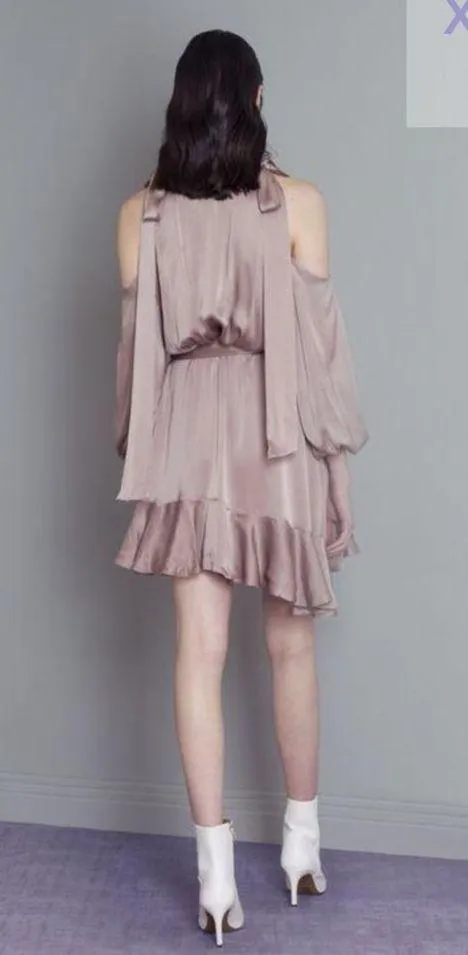 Zimmerman 100% Silk Sueded Billow Cold Shoulder Tie Asymmetrical Mini Dress Sz 6 - Image 2