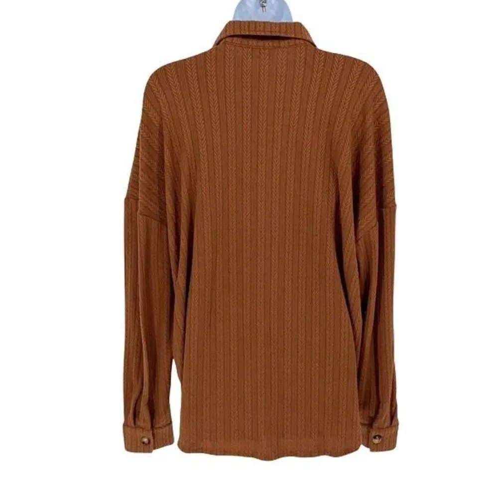 Pink Lilly Womens Knit‎ Herringbone Textured Button Front Blouse Chestnut Medium Brown - Image 3