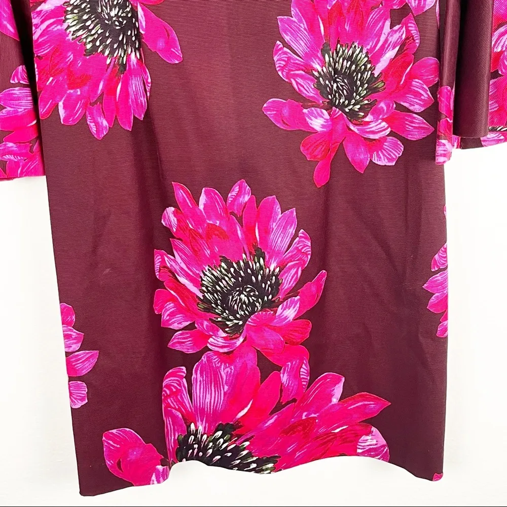 TRINA TURK Splendid Burgundy Floral Print Trumpet Bell Sleeves Lined Dress 0 - Image 7