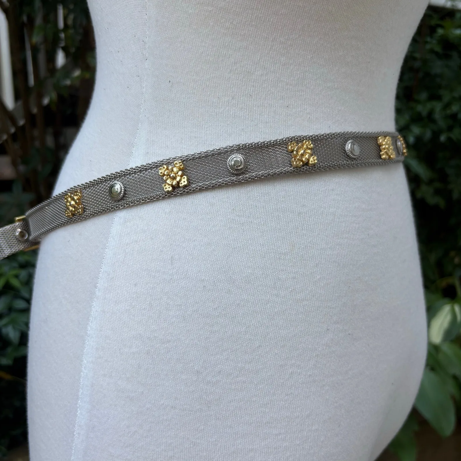 Metallic Mesh Metal Belt Gold Silver Tone Sz Sm 32” Edgy Y2K Utilitarian Floral - Image 13
