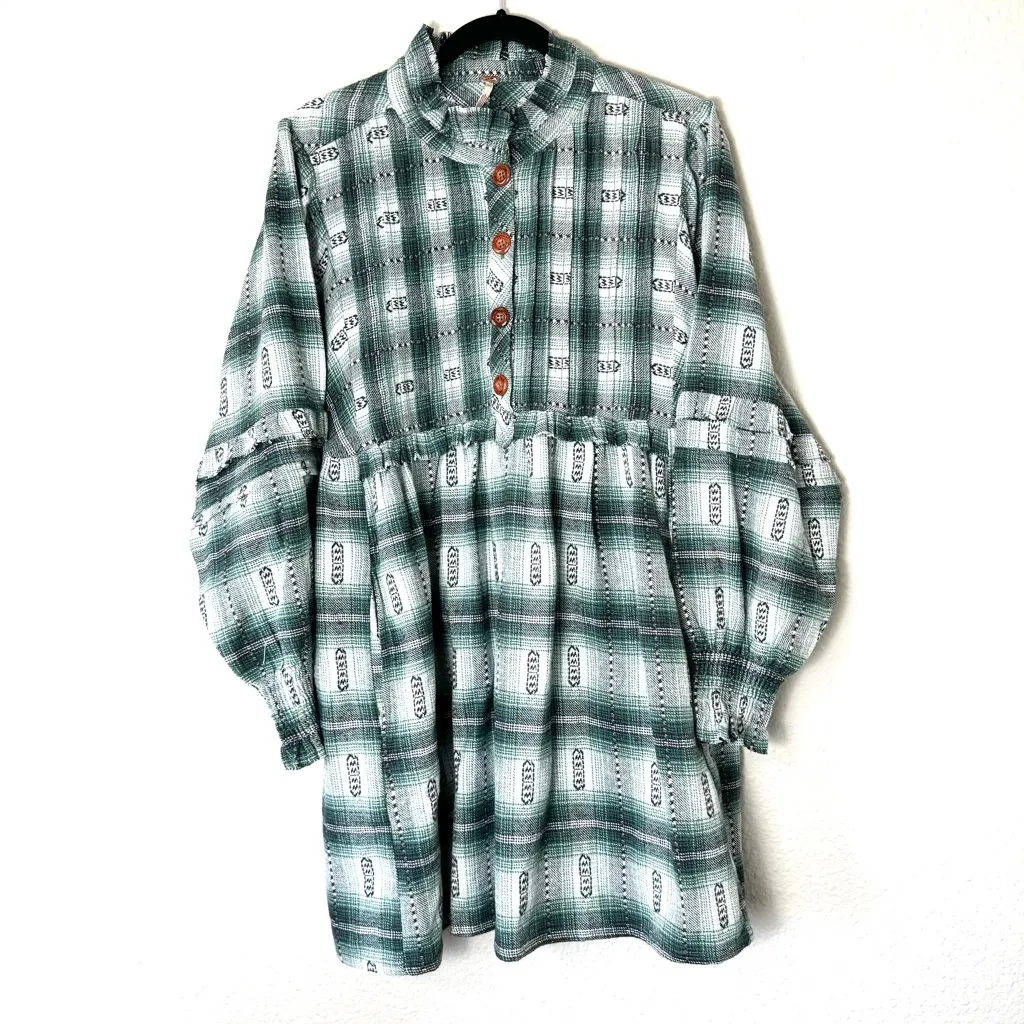 Free People Green Redwood Flannel Plaid Babydoll Mini Dress Size Medium - Image 3