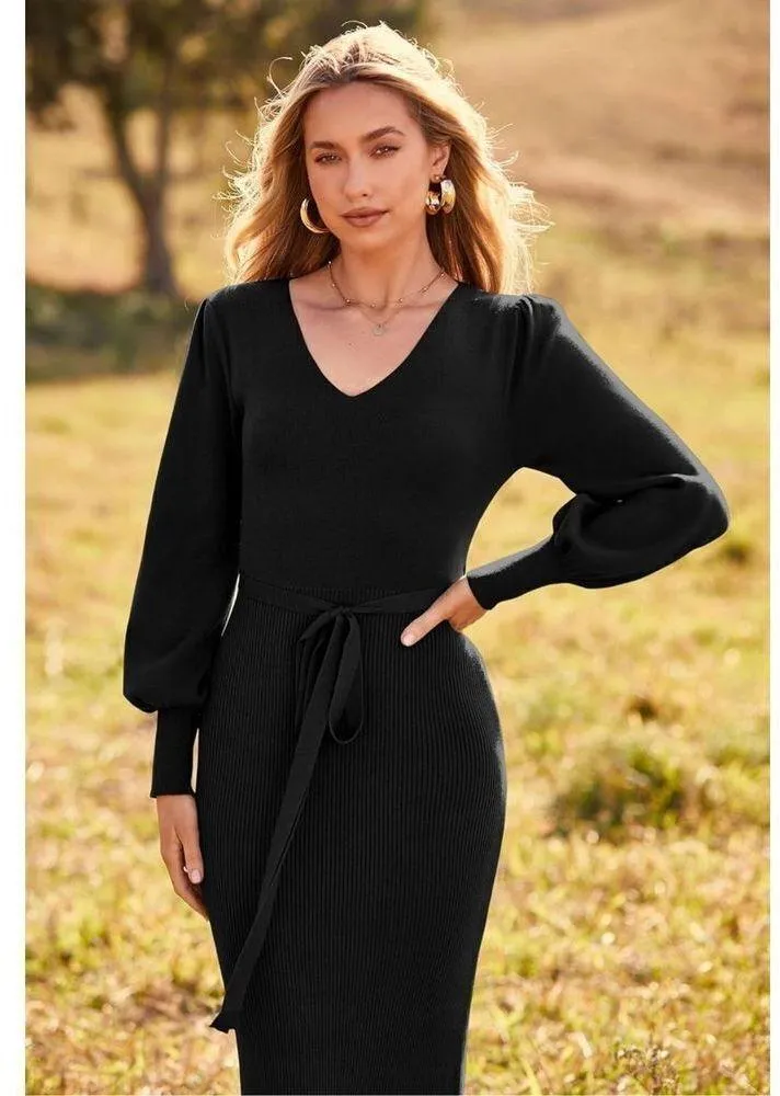 NEW Knit Sweater Long Lantern Sleeve V Neck Maxi Dress L NO BELT - Image 3