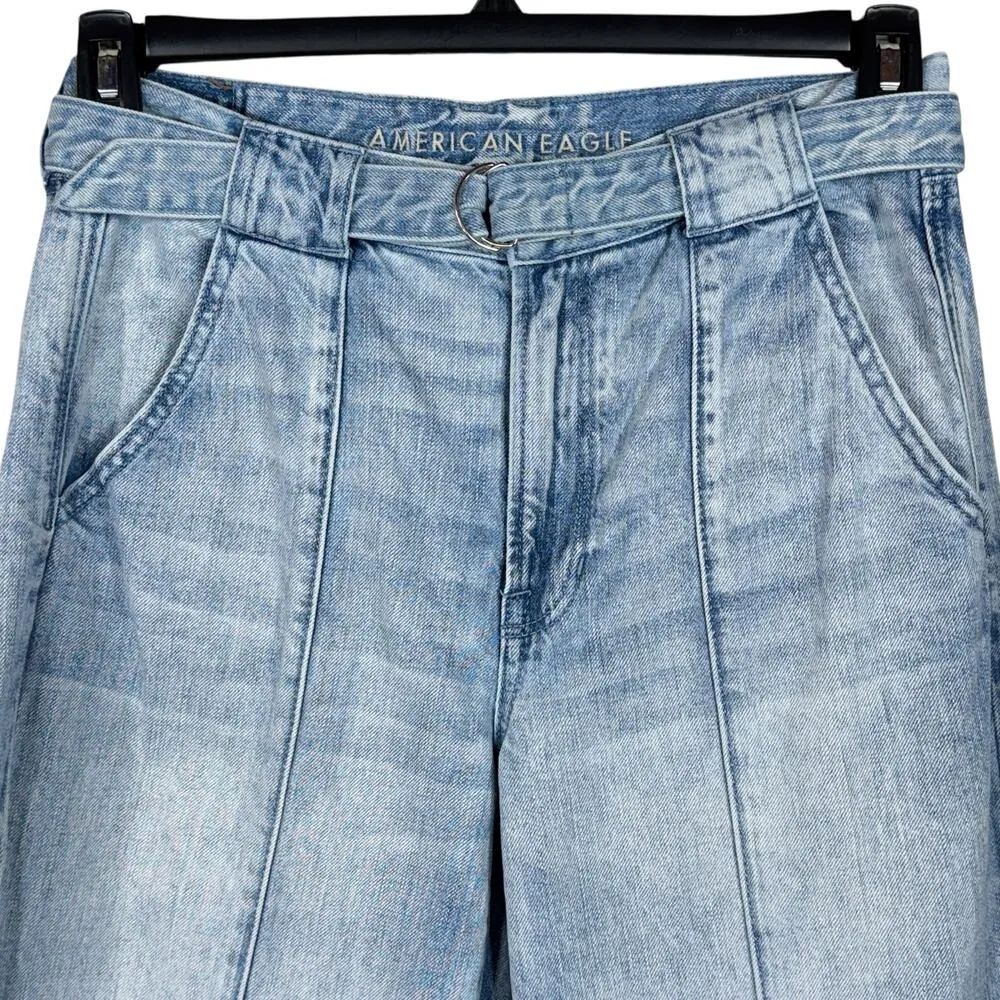 American Eagle SZ 8 Wide Leg Jeans Chewed Hems Belted Seamed Hi-Rise Light Wash - Image 2