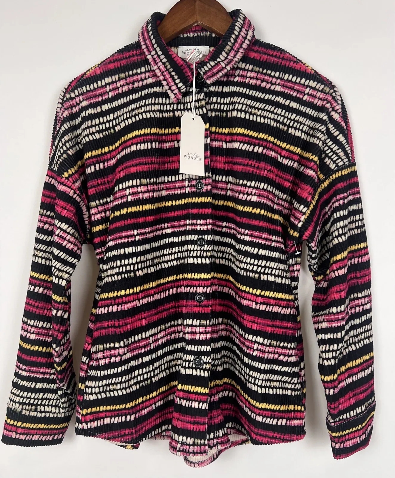 Emily Wonder Multicolor Ribbed Button up Shirt S Long Sleeve Collared Boho Retro - Image 1