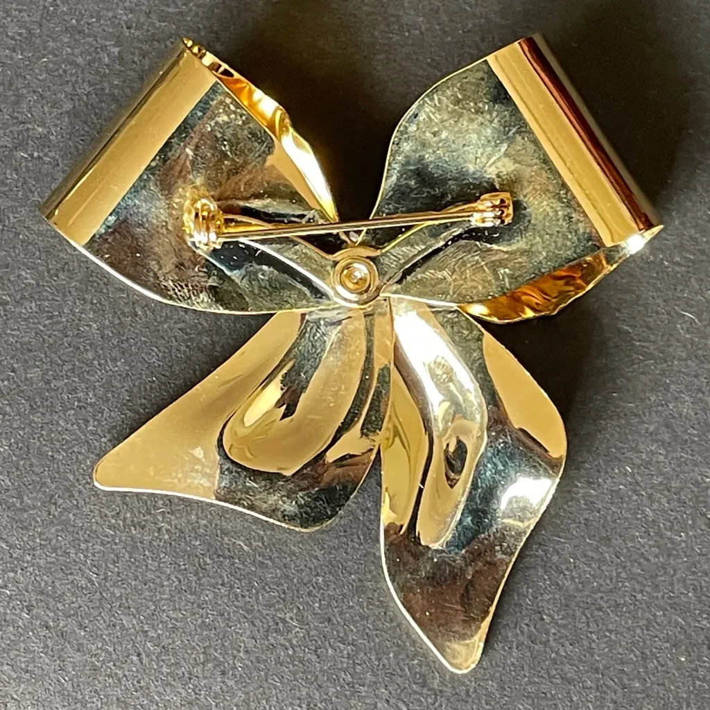 Vintage Antique Gold Tone Ribbon Bow Brooch Pin Large Jeweled Girly Feminine - Image 2