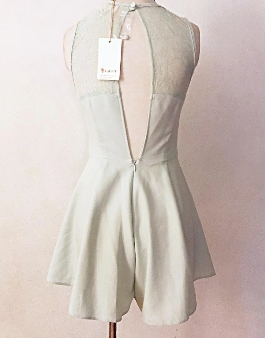 Sheer Neckline Lace Flared Romper Green - Image 3