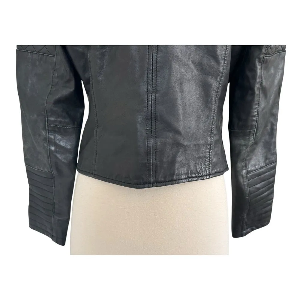 Vintage RIVER ISLAND Quilted Leather Moto Biker Black Jacket Size UK 12 US 8 - Image 11
