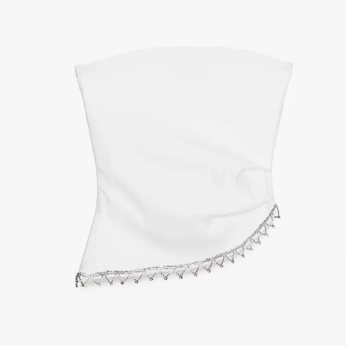 Zara NWT white tassel rhinestone embellishment fringe hem asymmetrical top - Image 8