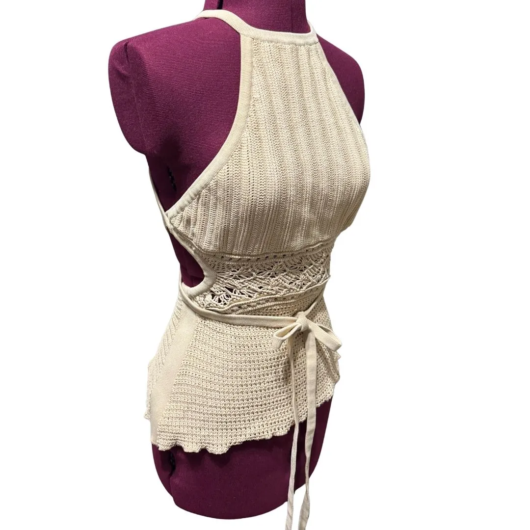 SIGNIFICANT OTHER Tie Cross Back Crocheted Sweater Knit Blouse Top EUC Size 6 Tan - Image 3