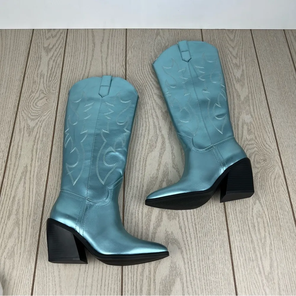 Madden Girl Arizona Knee High Cowboy Boots 7.5M Metallic Blue $99 - Image 3