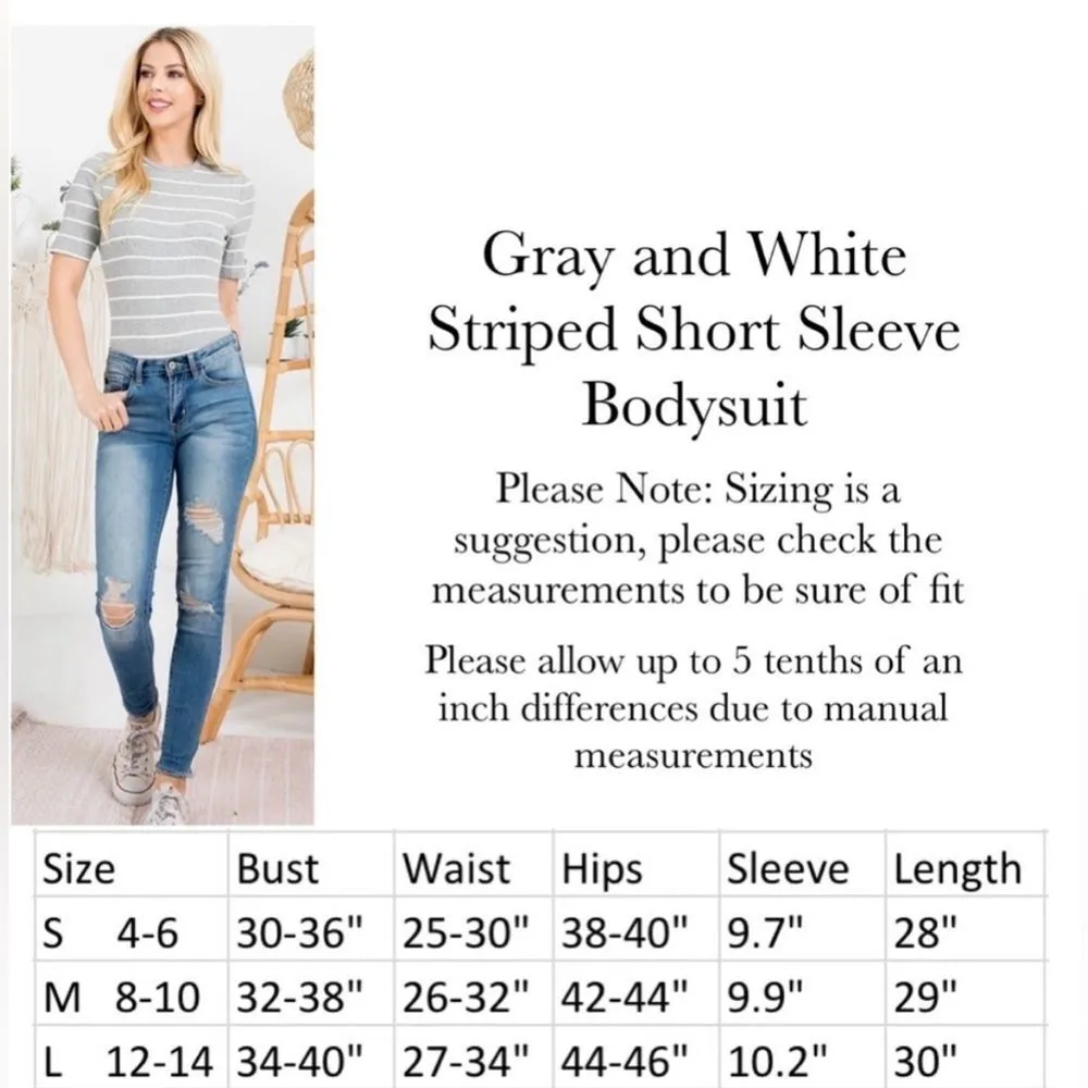 Polagram Gray and White Striped Half Sleeve Bodysuit. Size Medium. - Image 4