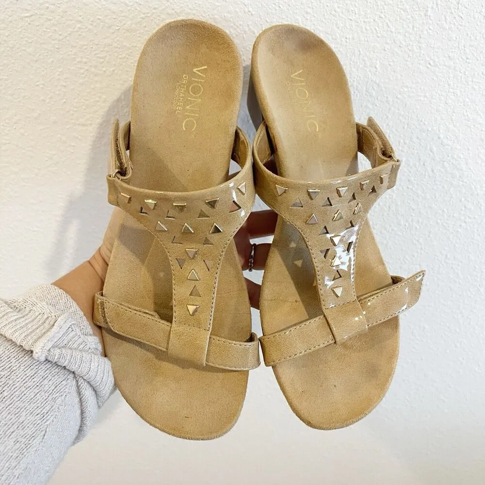 Vionic Sandal Women 8 Tan Slip-on‎ Wedge Maggie Orthaheel Cork Comfort Patent - Image 2