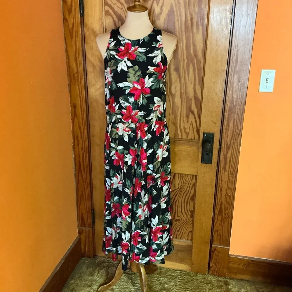 Vintage 90s Bright Tropical Flowers Summer Dress Red Size 10 - Image 4