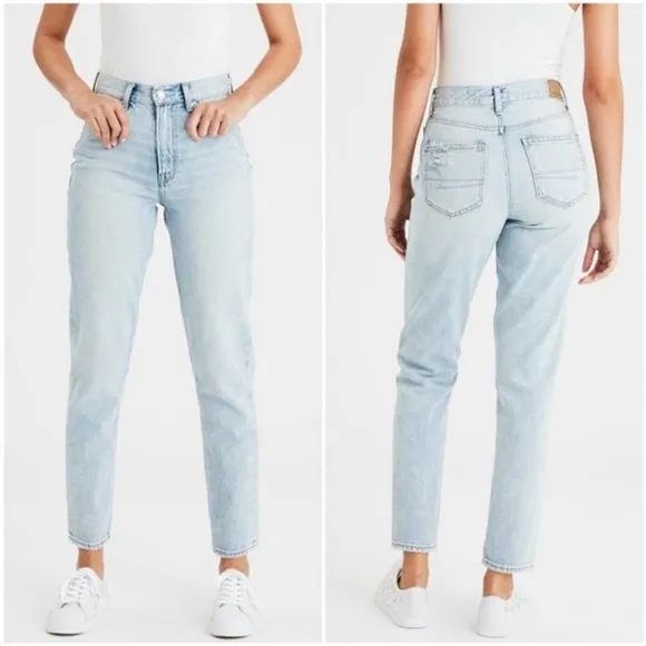 American Eagle Jeans AEO High Rise Mom Size 4 Regular Light Wash Distressed Blue - Image 2