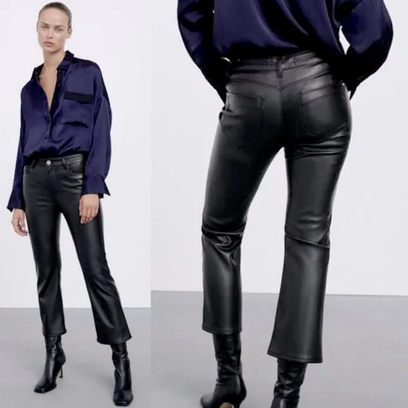 Zara Faux Leather CROPPED Trouser Flare Pants Jeans BLACK Size EU 32/0 NEW - Image 2