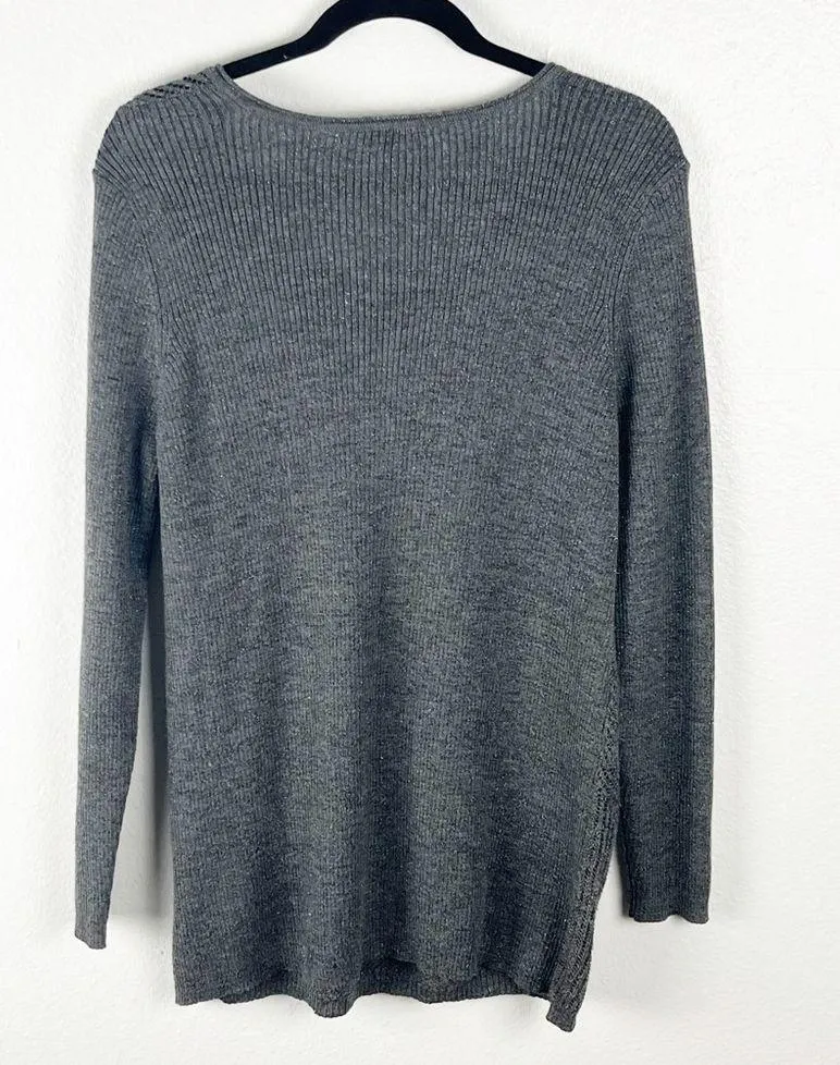 EILEEN FISHER Gray Merino Wool Metallic Blend Long Sleeves Sweater, Size Large - Image 2