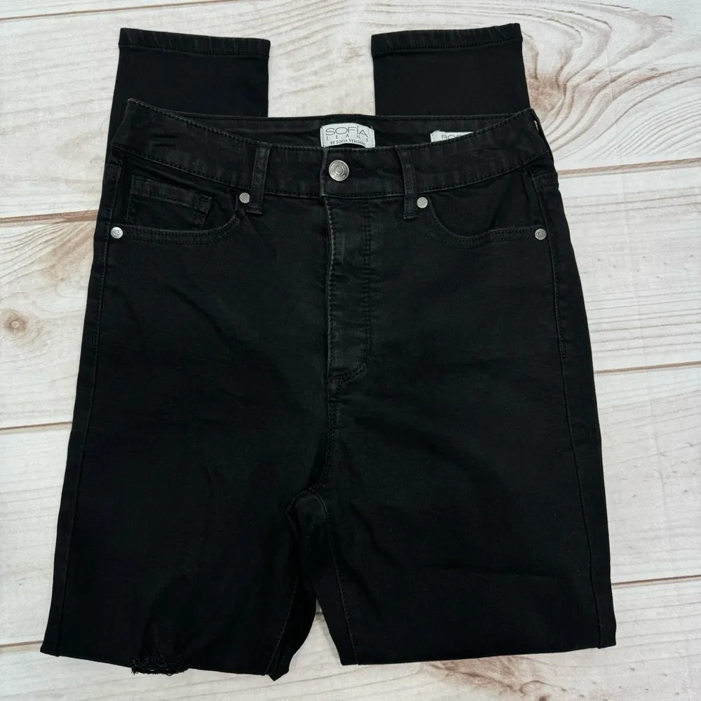 Sophia Vergara Black High Rise Button Fly Destructed Denim Slim Fit Jeans Size 4 - Image 4