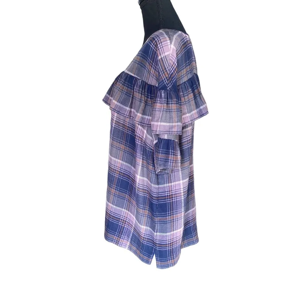 Cremieux Flannel Purple Blue Green Brown Plaid Ruffle Top Women's Lg - Image 3