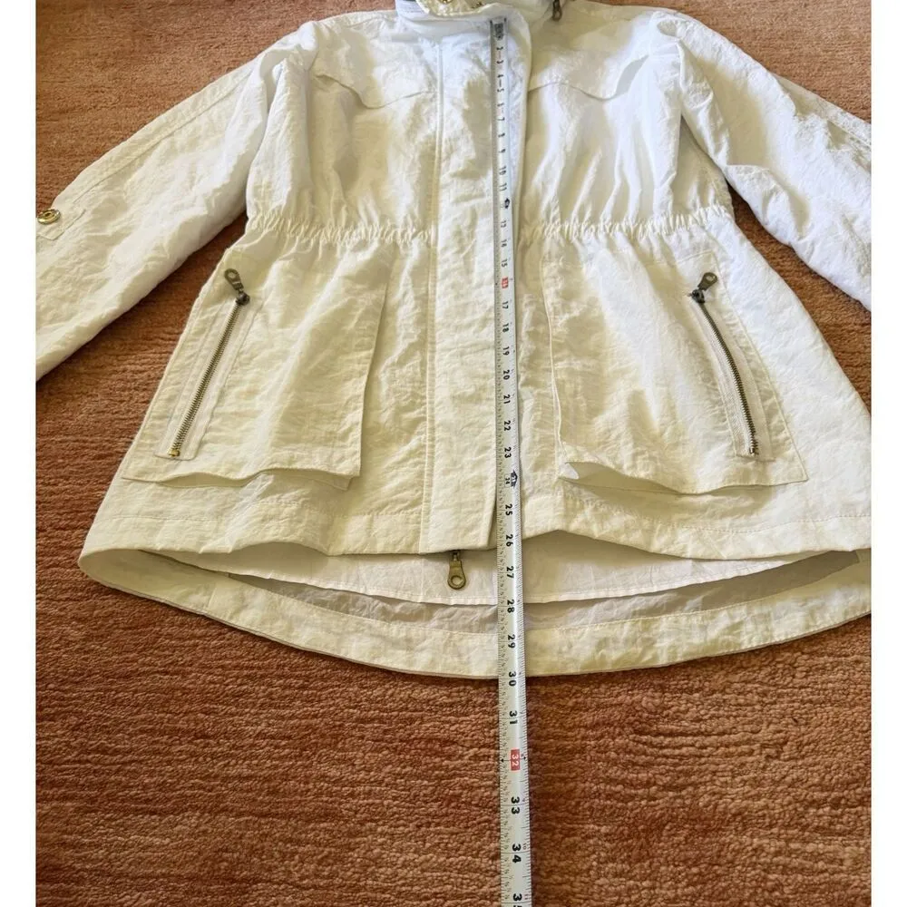 White Waterproof Parka Jacket Women M Lightweight Hood Gold Zip Snap Pockets White Size M - Image 3
